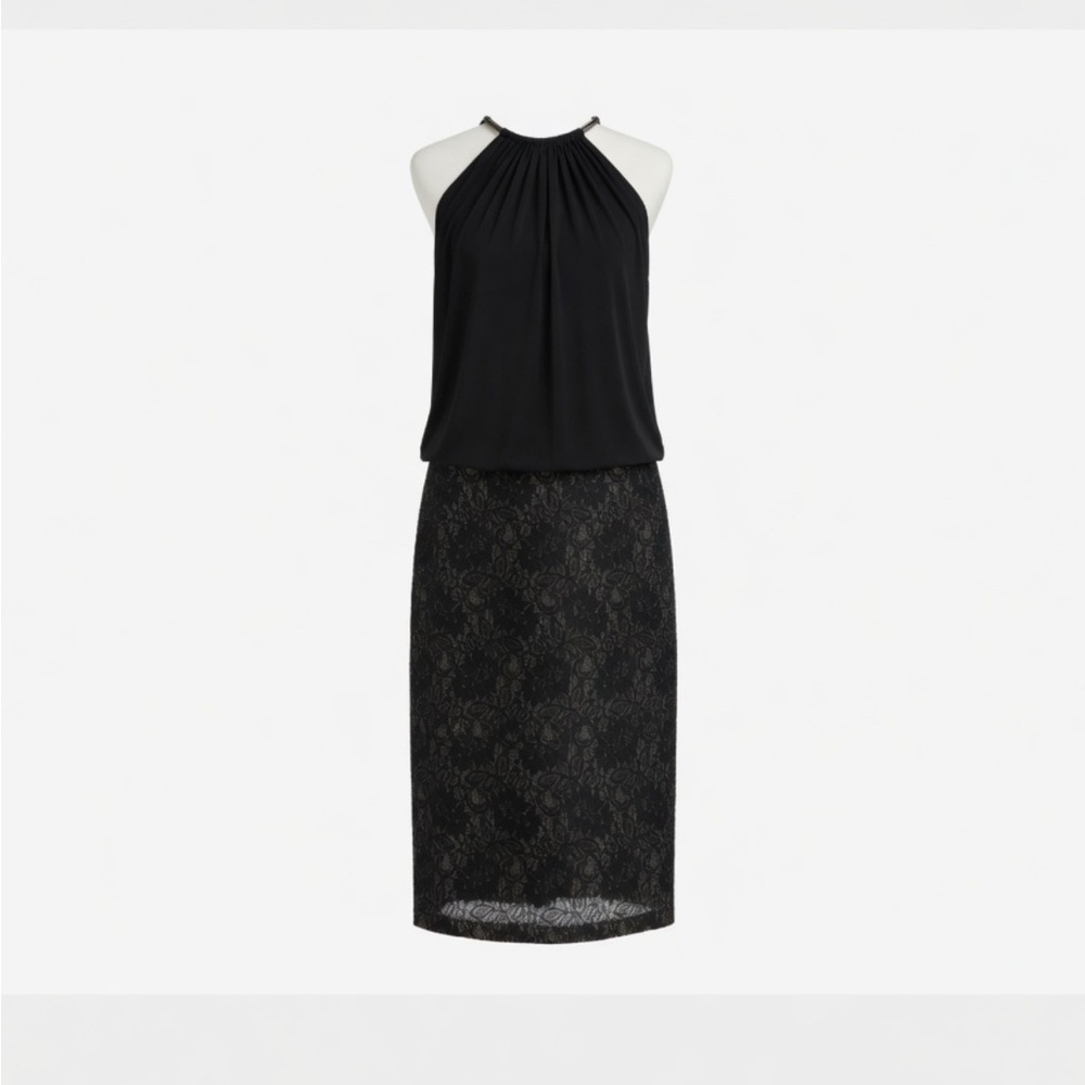 Jessica Simpson Black One-Shoulder Blouson Dress with Lace Pencil Skirt